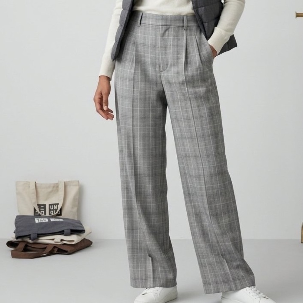 Uniqlo Pleated Wide Leg Trousers Gray Glen Plaid Pants Office Minimal Neutral M